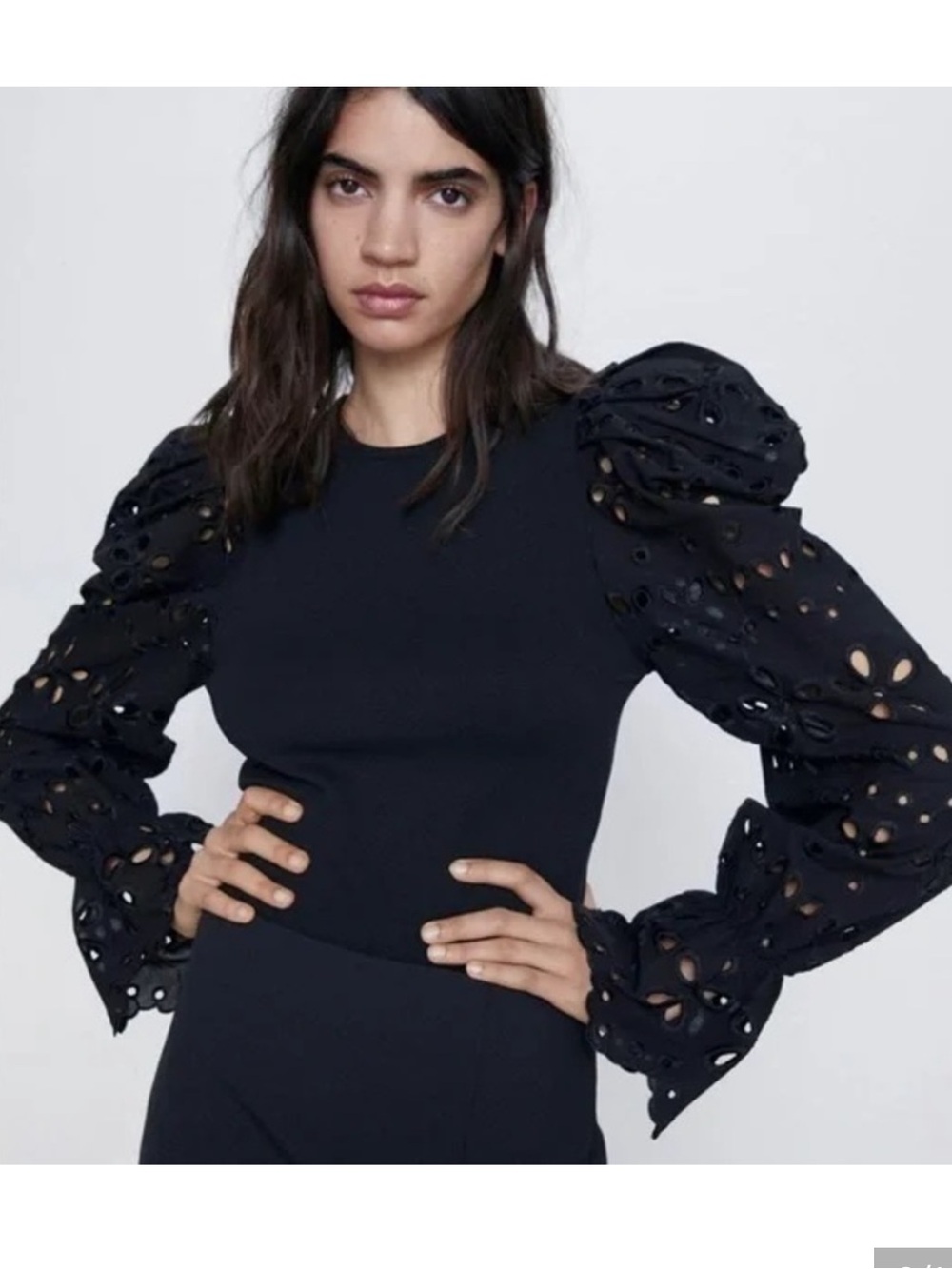Like New Zara Black Cropped Puff-Sleeve Eyelet Top